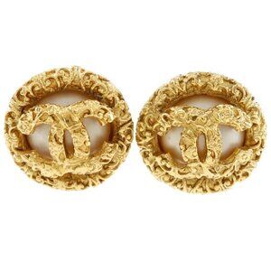 CHANEL Gold Pearl Logo Earrings